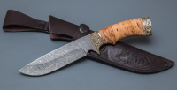 Нож Лорд из дамасской стали, наборная рукоять береста, литьё мельхиор (27822)