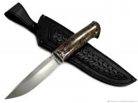 Нож Тигр из стали S390, рукоять стабилизированные зуб мамонта и карельская берёза, притин мельхиор, чехол косичка