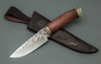 Нож Сокол из кованой стали 9ХС, со следами ковки на обухе, рукоять ценные породы дерева, литьё мельхиор (65761)