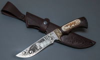 Нож Галеон из кованой стали 95х18, клинок гравировка, рукоять венге, литьё мельхиор, вставка кость (6905)