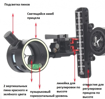 Прицел для блочного лука SPG-2pin (2 вертикальных пина, бесключевая настройка, адаптер для скопа, демпфер)
