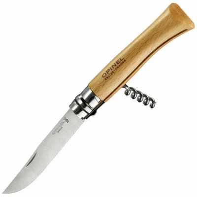 Нож складной Opinel Corkscrew Bottle Opener №10 штопор/открывашка клинок 10 см, нержавеющая сталь Sandvik 12C27, рукоять бук, Viroblock (002578)