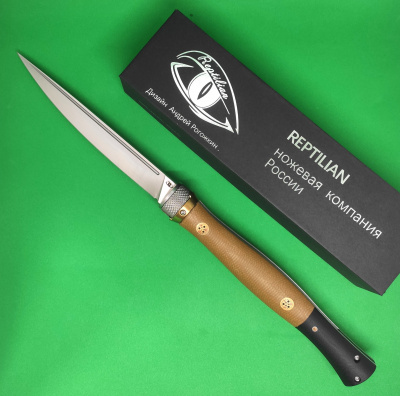 Нож складной REPTILIAN "Кабальеро-01" сталь D2, рукоять коричневая микарта/латунь, замок Viroblock