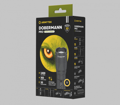 Фонарь тактический Armytek Dobermann Pro Magnet USB - Теплый свет 1400лм (до 368 метров) / 6°:40° / 1x18650 (в комплекте) F07501W
