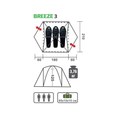 Палатка трёхместная BREEZE-3 Helios (300х210х125 см, 2 входа, москитная сетка, тент) (HS-2370-3 GO)