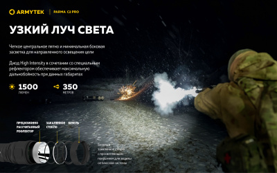 Фонарь тактический Armytek Parma C2 Pro Белый свет, 3 режима, до 350 м., 1500 люмен, 1x18650 или 2xCR123A (F09804C)
