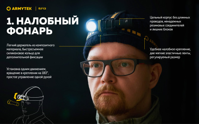 Фонарь налобный 4 в 1 Armytek Elf C2 USB-C Теплый / 1023 лм/ до 104 м/ 1х18650 Li-Ion (F05103W)