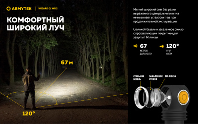Фонарь налобный Armytek Wizard C1 WRG Белый/Красно-Зелёный, до 380 люменов, 1х18350 Li-Ion (F10601C)