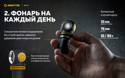 Фонарь налобный 5 в 1 Armytek Elf C1 USB-C Теплый / 930 лм/ до 102 м/ 1х18350 Li-Ion (F05003W)