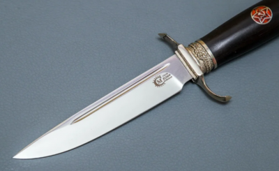 Нож Финка Морская из стали Х12МФ, рукоять чёрный граб, литьё мельхиор "Звезда" (11008)