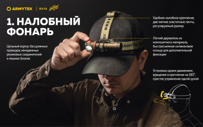 Фонарь налобный 4 в1 Armytek Elf C2 USB-C Победа Белый / 1100 лм/ до 105 м/ 1х18650 Li-Ion (F05103CP)