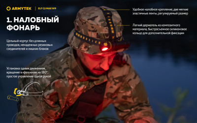 Фонарь налобный Armytek Elf C2 Max WR USB-C Тёплый и Красный свет 2325 люменов, 1х21700 Li-Ion (F10801W)