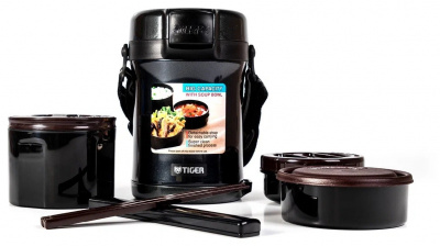 Термос с 3-мя контейнерами для еды Tiger LWU-A171 Charcoal Gray и японскими палочками в чехле
