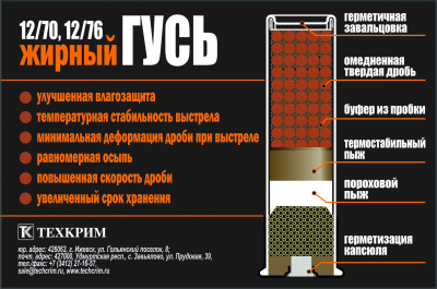 Патрон 12/70 Картечь 8,0 мм Жирный гусь Техкрим