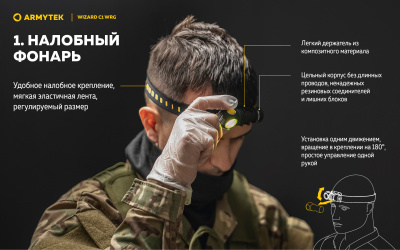 Фонарь налобный Armytek Wizard C1 WRG Белый/Красно-Зелёный, до 380 люменов, 1х18350 Li-Ion (F10601C)
