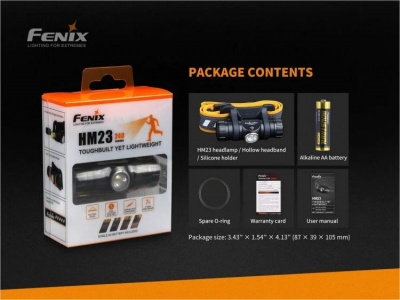 Фонарь налобный Fenix HM23 240 люмен + 2 красных диода, свет до 88 метров, аккумулятор 1шт.х14500 Li-Ion/1шт.хАА