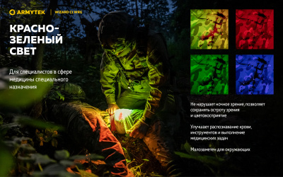 Фонарь налобный Armytek Wizard C1 WRG Белый/Красно-Зелёный, до 380 люменов, 1х18350 Li-Ion (F10601C)