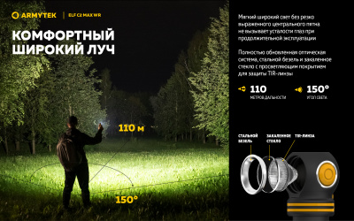 Фонарь налобный Armytek Elf C2 Max WR USB-C Тёплый и Красный свет 2325 люменов, 1х21700 Li-Ion (F10801W)