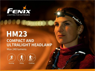 Фонарь налобный Fenix HM23 240 люмен + 2 красных диода, свет до 88 метров, аккумулятор 1шт.х14500 Li-Ion/1шт.хАА