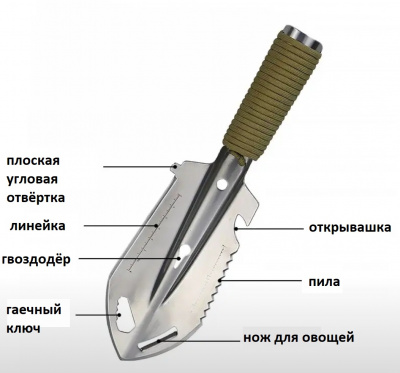 Лопатка - копьё нержавеющая сталь, длина 26,3 см., рез клинка 7,2 см, 12 функций, чехол, паракорд