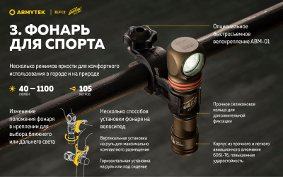 Фонарь налобный 4 в1 Armytek Elf C2 USB-C Победа Белый / 1100 лм/ до 105 м/ 1х18650 Li-Ion (F05103CP)