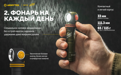 Фонарь налобный 4 в1 Armytek Elf C2 USB-C Победа Белый / 1100 лм/ до 105 м/ 1х18650 Li-Ion (F05103CP)