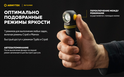 Фонарь налобный Armytek Elf C2 Max USB-C Белый свет до 4500 люменов, 1х21700 Li-Ion (F10701C)