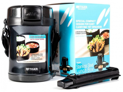 Термос с 3-мя контейнерами для еды Tiger LWU-A171 Charcoal Gray и японскими палочками в чехле