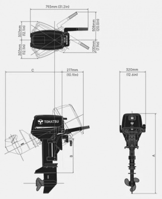 Лодочный мотор Tohatsu M 9.8 B S (двухтактный, подвесной, 9,8 л/с, внеш.бак 12 л)